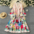 LW0986 2025 Spring Vintage Deep V-Neck Lace Flared Sleeve Waist Elegant Printed Long Dress Woman Casual Women'S Dresses