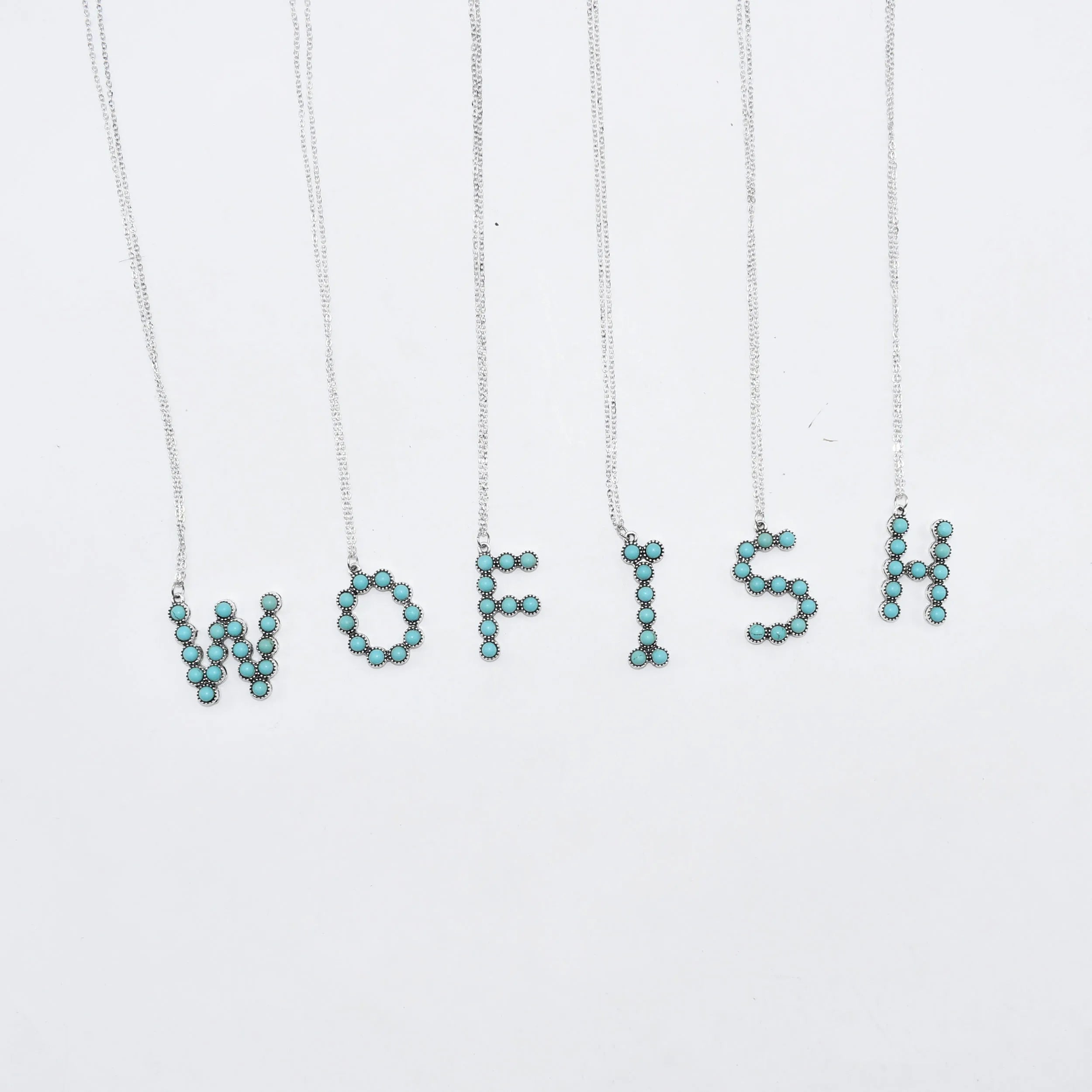 Antique Silver Letter Pendant Alphabet Charm CUSTOM Turquoise Beads Initial Necklace