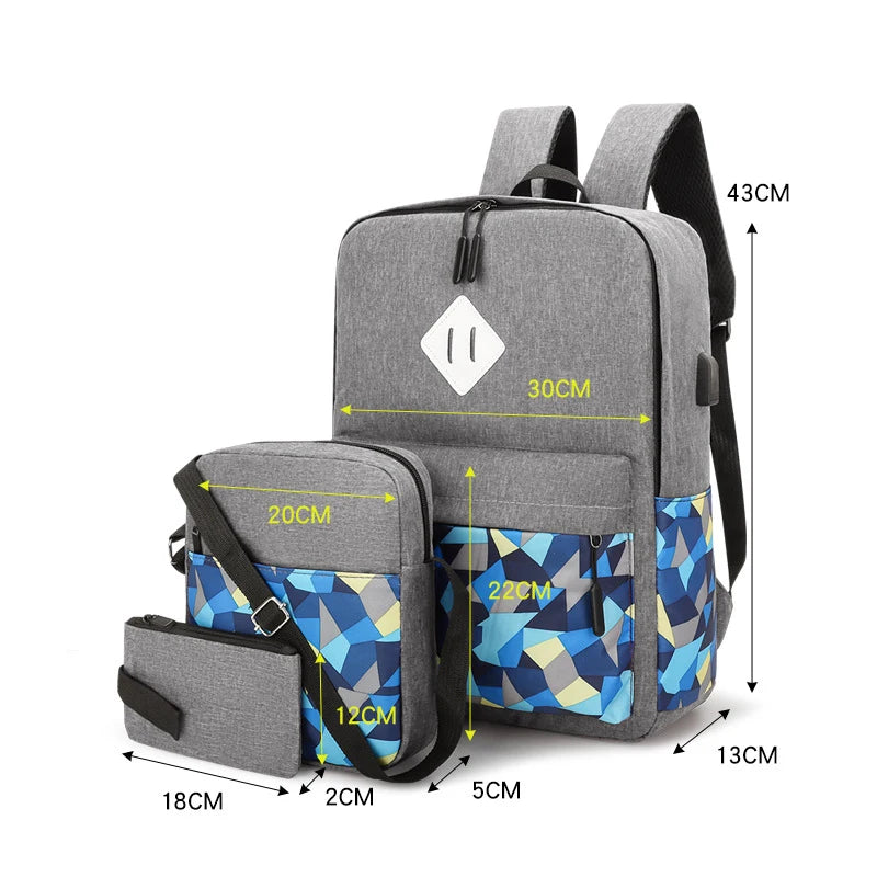 Hot USB Charge Double Zipper Puller Laptop Backpack Fashion Leisure Schoolbag 3 Backpack Set Travel Bag