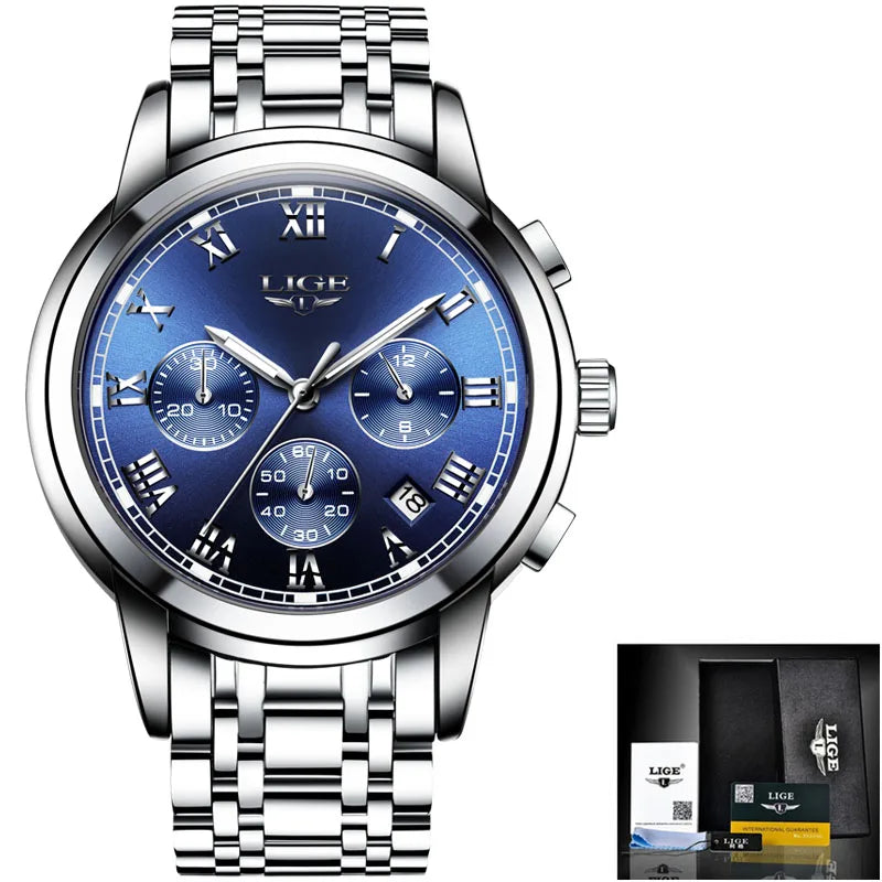 LIGE LG9810 Luxury Watch Factory Blue Large Dial Wrist Men Watch Auto Date Calendar Waterproof Stainless Steel Custom logo Oem