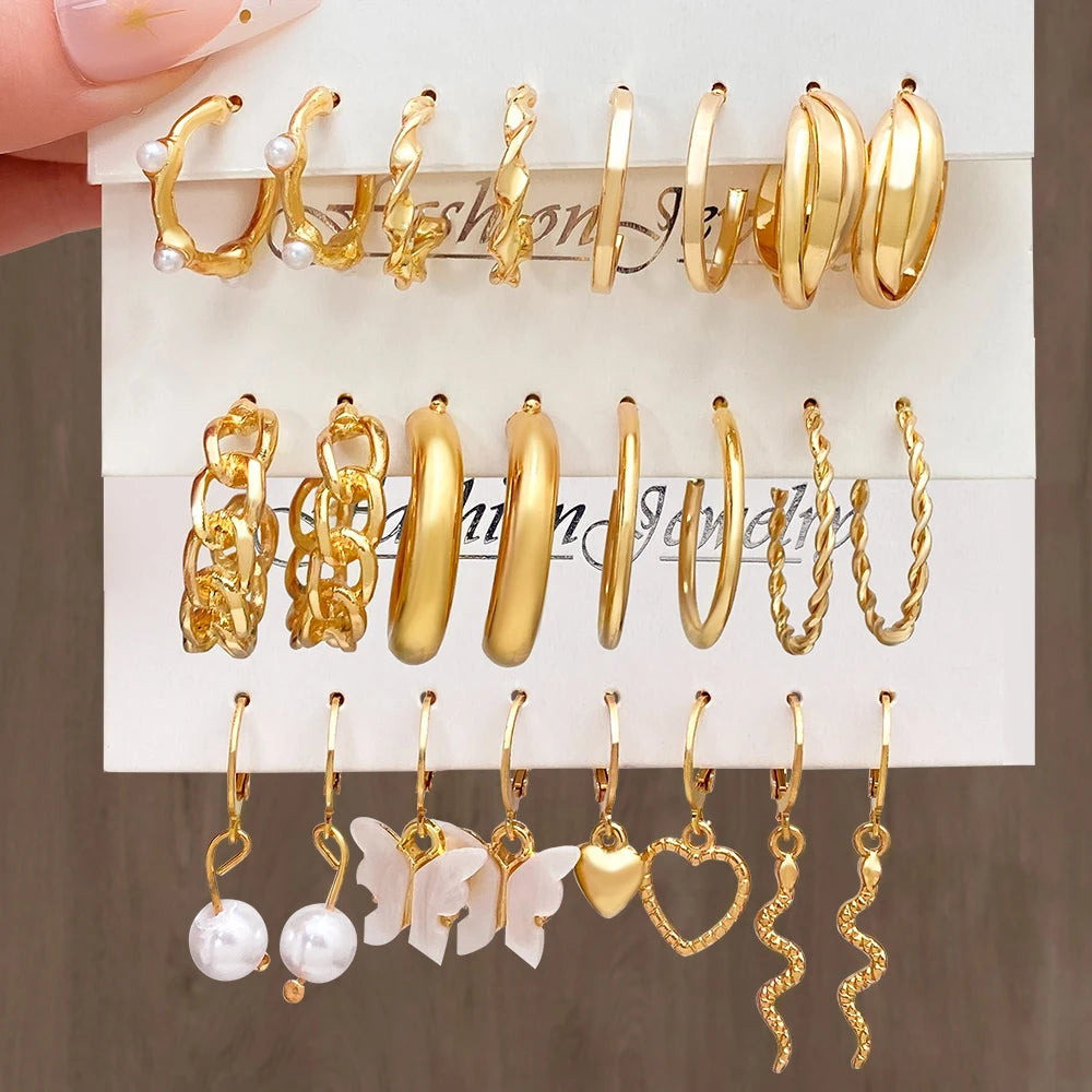2023 New Trend Fashion Gold Plated Metal Hoop Earrings Set Geometric Pearl Circle Drop Earrings Set for Women Jewelry