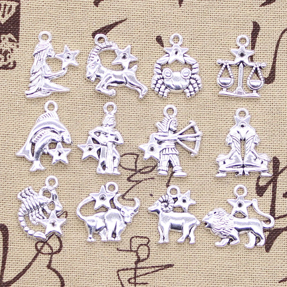 12 Types Charms Zodiac Virgo Aries Cancer Leo Libra Antique Silver Pendants Making Handmade Tibetan Silver Jewelry