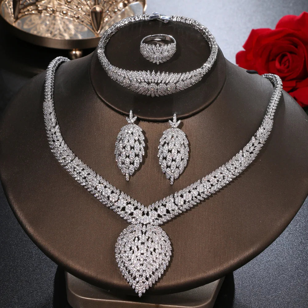 2022 New Wedding Bridal Jewelry Shiny Zircon Necklace Ring Bracelet Earring Luxury Maple Leaf Shape Jewelry Set for Women