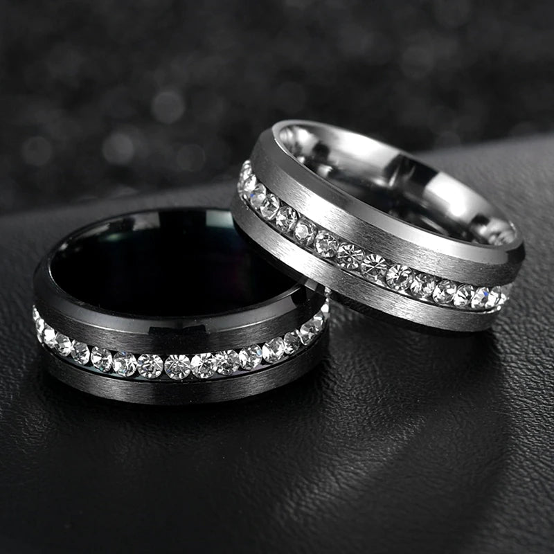 Wholesale Romantic Couple Rings Waterproof Stainless Steel Ring Sparkling 8mm Wide Single Row Full Diamonds Ring Gifts for Women