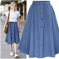 Summer Denim Skirts Womens Pleated Knee Length Jeans Skirt Casual Button Long Skirt Korean Style