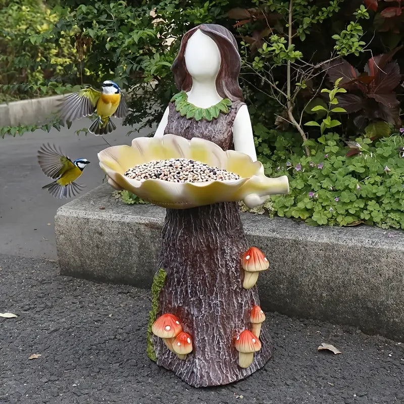 Girl Feeding Birds Resin Sculpture Outdoor Garden Statue with Birdseed Tray Fantasy Fairy FigureEuropean Style Patio Decor