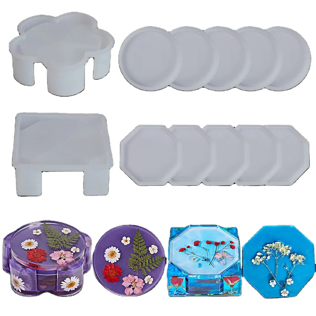 Resin Coaster Molds Silicone Kit 12PCS Resin Molds Round and Octagon Coaster Holder Molds Set