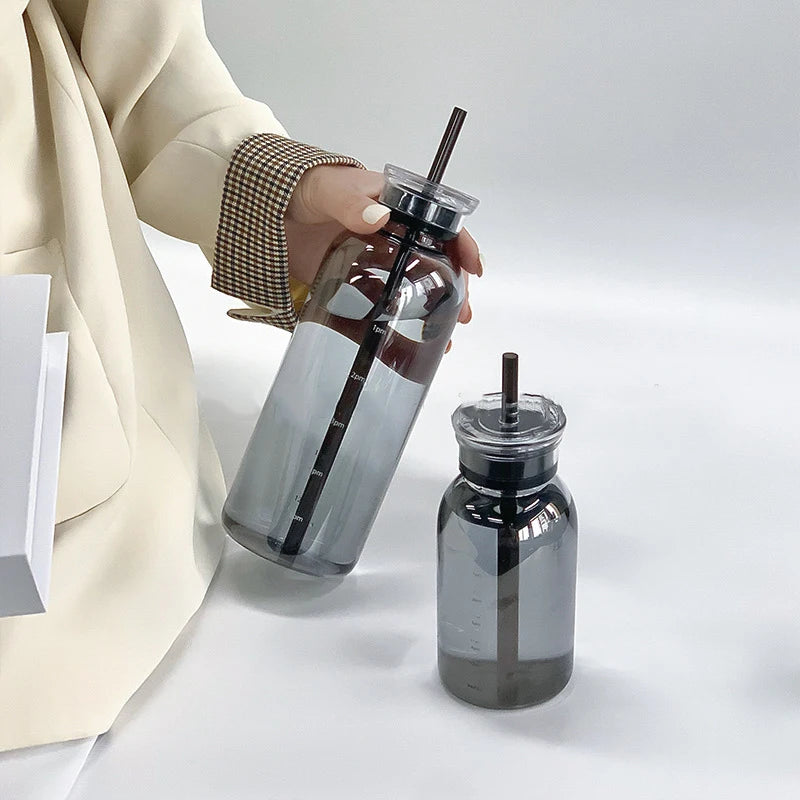 High Borosilicate Glass Transparent Coffee Juice Time Marker Water Bottle With Leather Strap