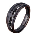 Fashion Men Jewelry Classic Stainless Steel Cross Charm Multi Layer Leather Bracelet for Men
