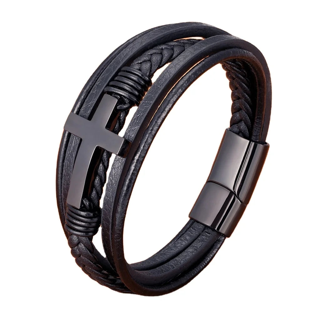 Fashion Men Jewelry Classic Stainless Steel Cross Charm Multi Layer Leather Bracelet for Men