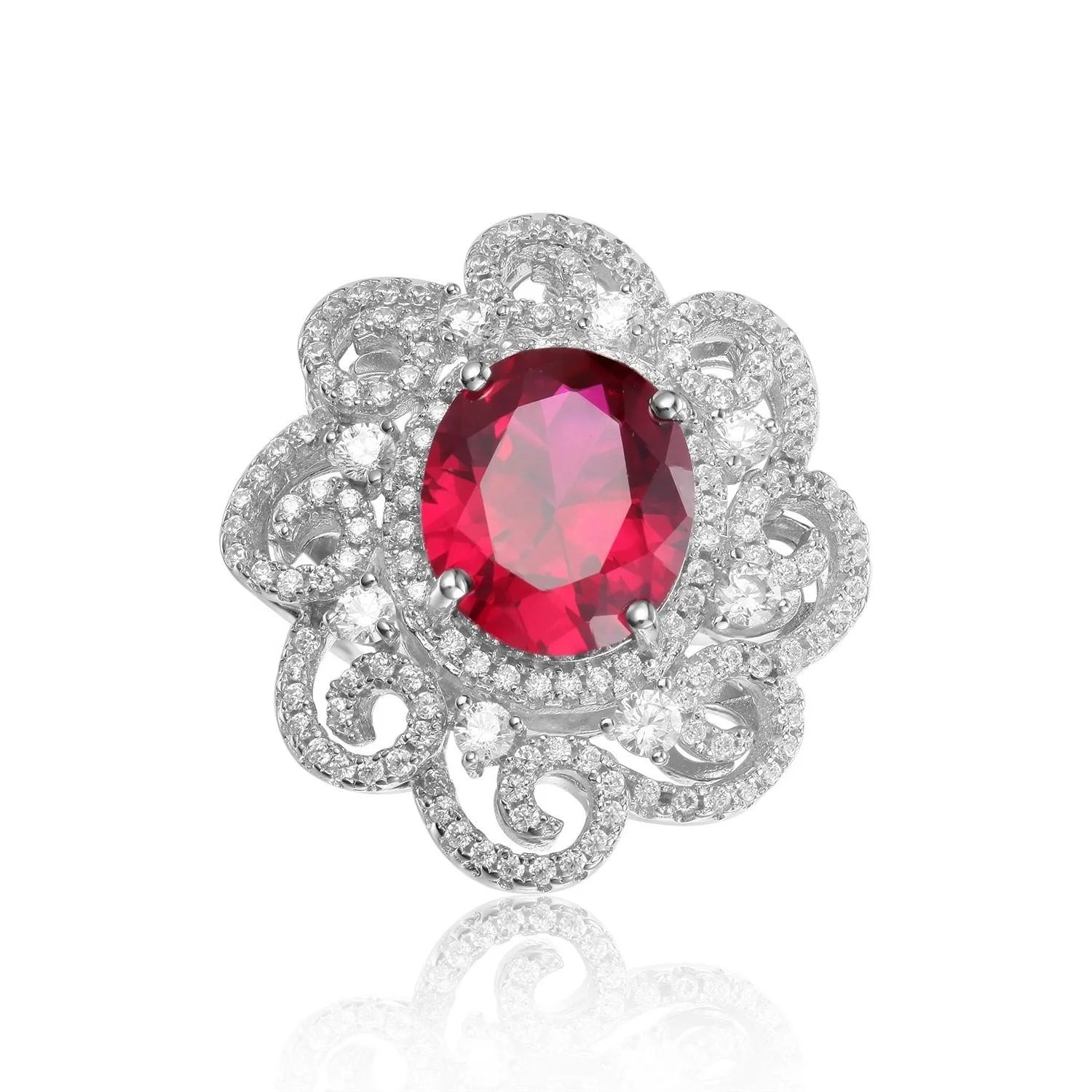 Abiding Fancy Luxurious Big Flower Ring Silver 925 Lab Created Ruby Big Stone Rings Jewelry Women Wedding