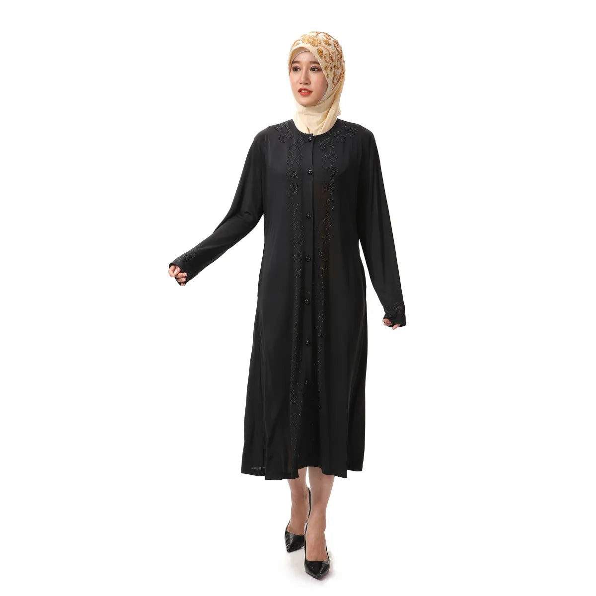 Dropshipping/Spot Wholesale/OEM Ice Silk Button Muslim Women's Abaya Arab Robe Islamic Clothing Polyester Long Sleeve