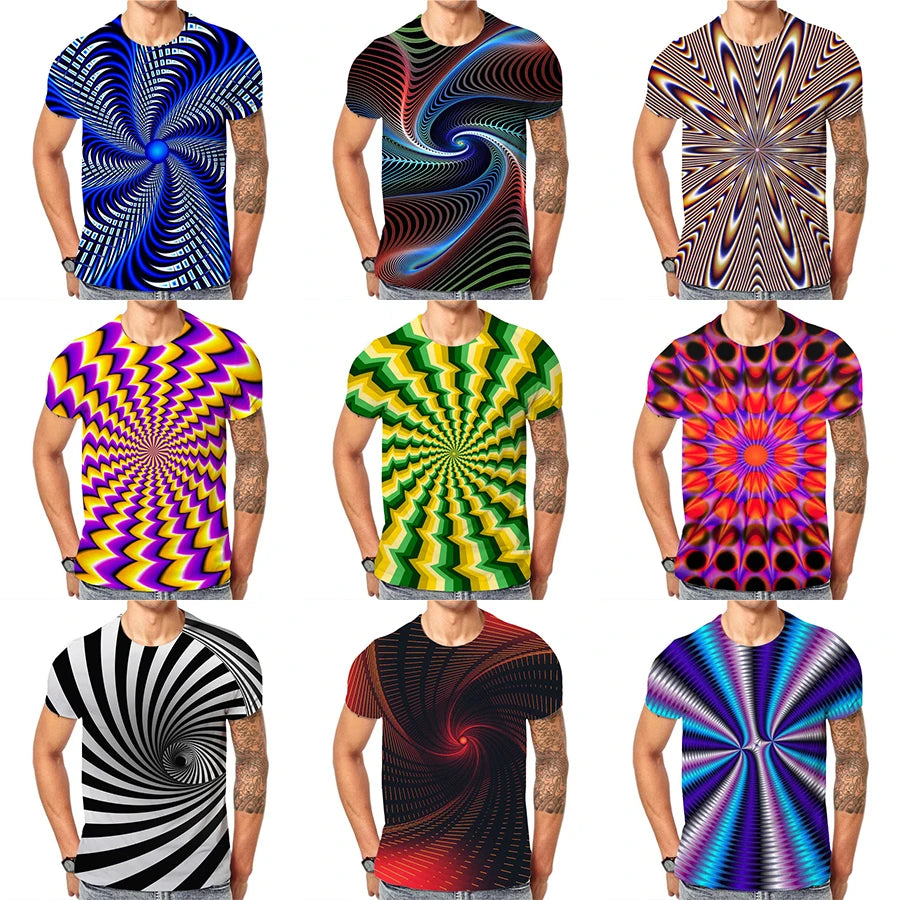 2022 Hot Vertigo Hypnotic 3D Digital Printing Shirt for Men's and Kid's Run Neck Vision All Over Print OEM and ODM Tops
