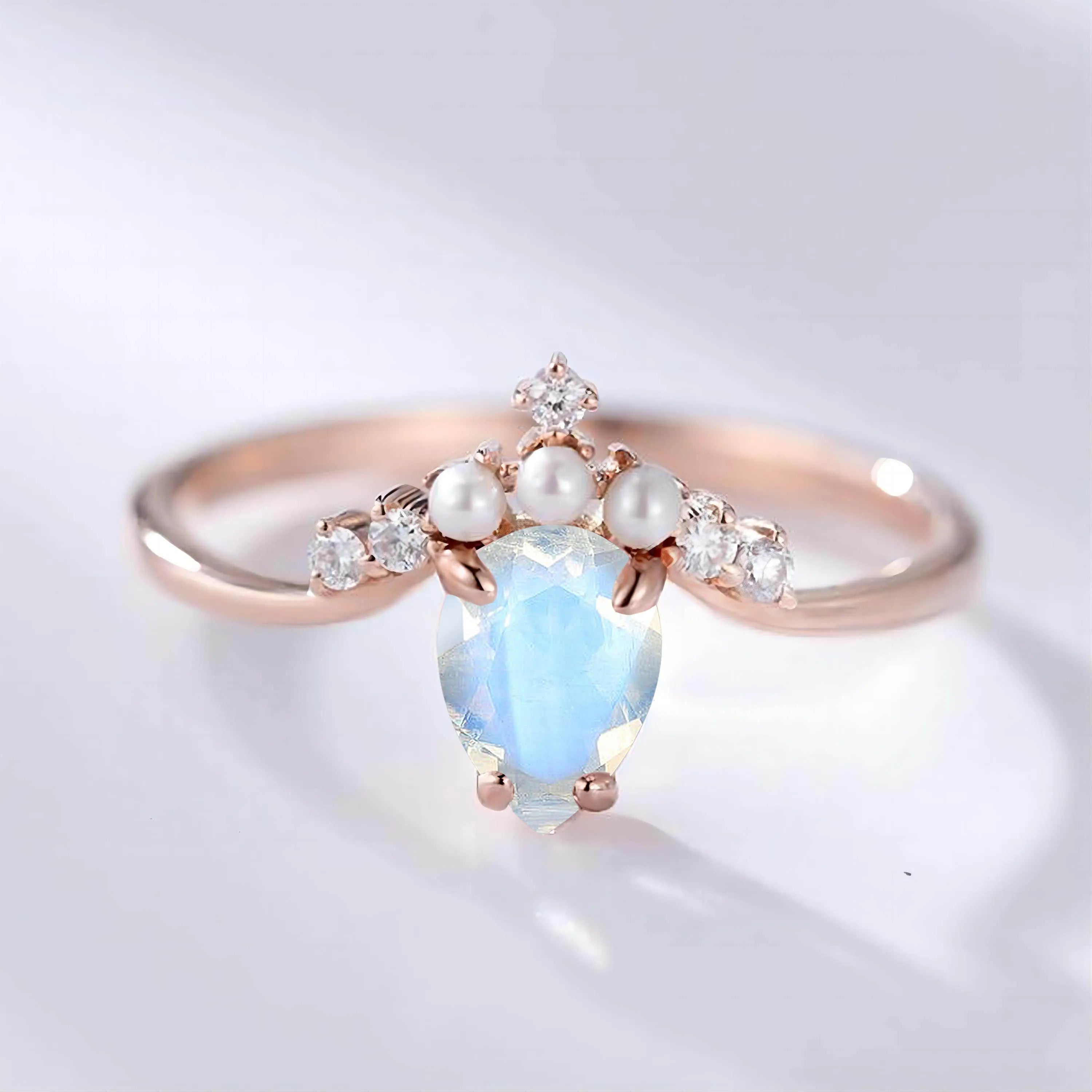 Bridal Set 2pcs Boho Vine Star Moon Pear Shaped Moonstone Engagement Ring Cluster Wedding Band Women 925 Rose Gold Rings