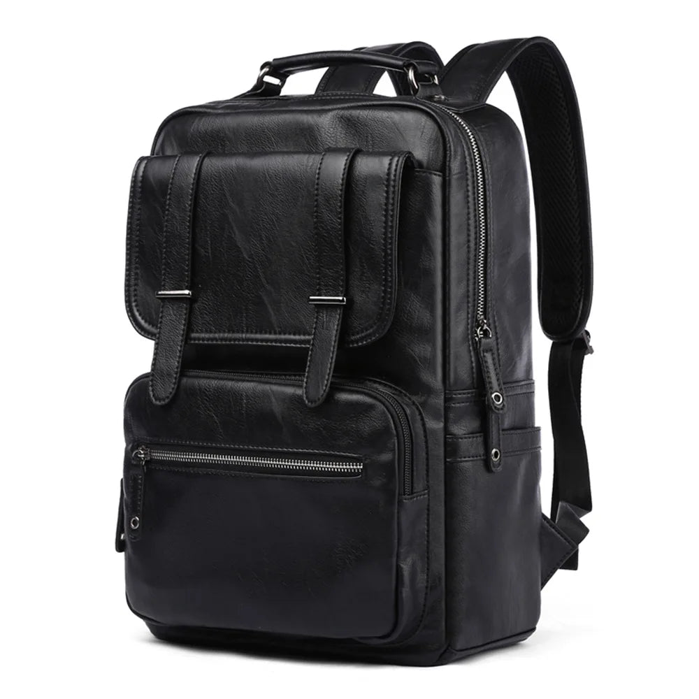 0801 Custom Logo Wholesale Fashion Simple Black Men Multifunction Hiking Large Vintage Laptop PU Leather Backpack
