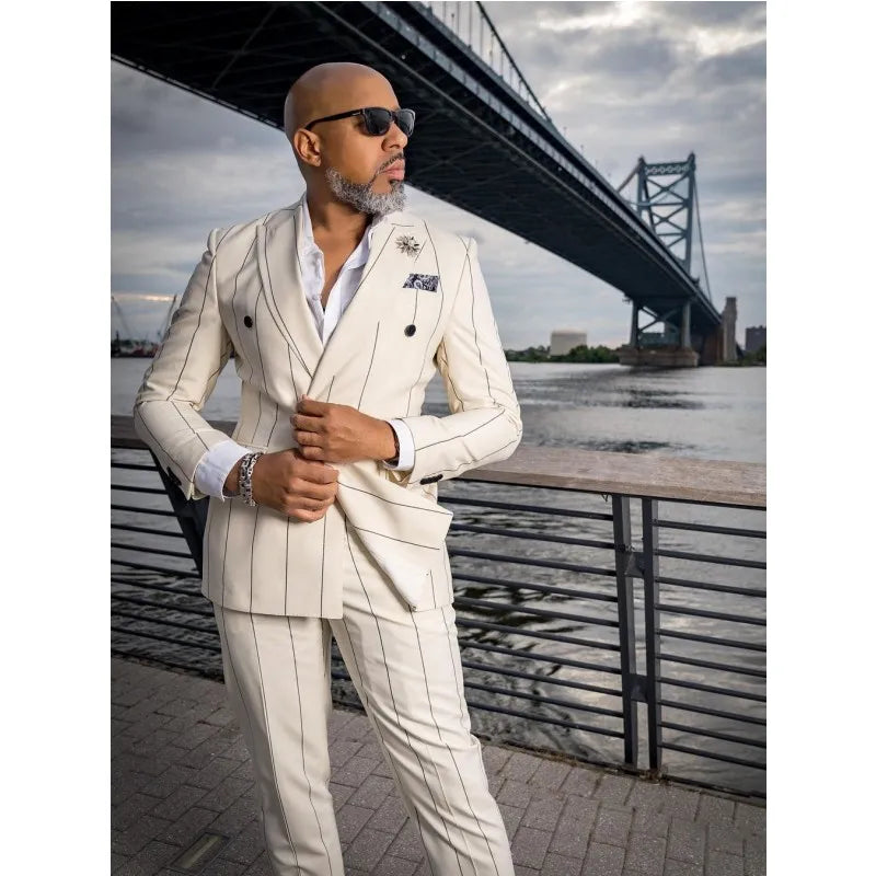 2025 New Arrival Ivory Stripe Men Suits Double Breasted One Button Tuxedo for Formal Wedding Party Casual 2 Pieces Blazer Sets