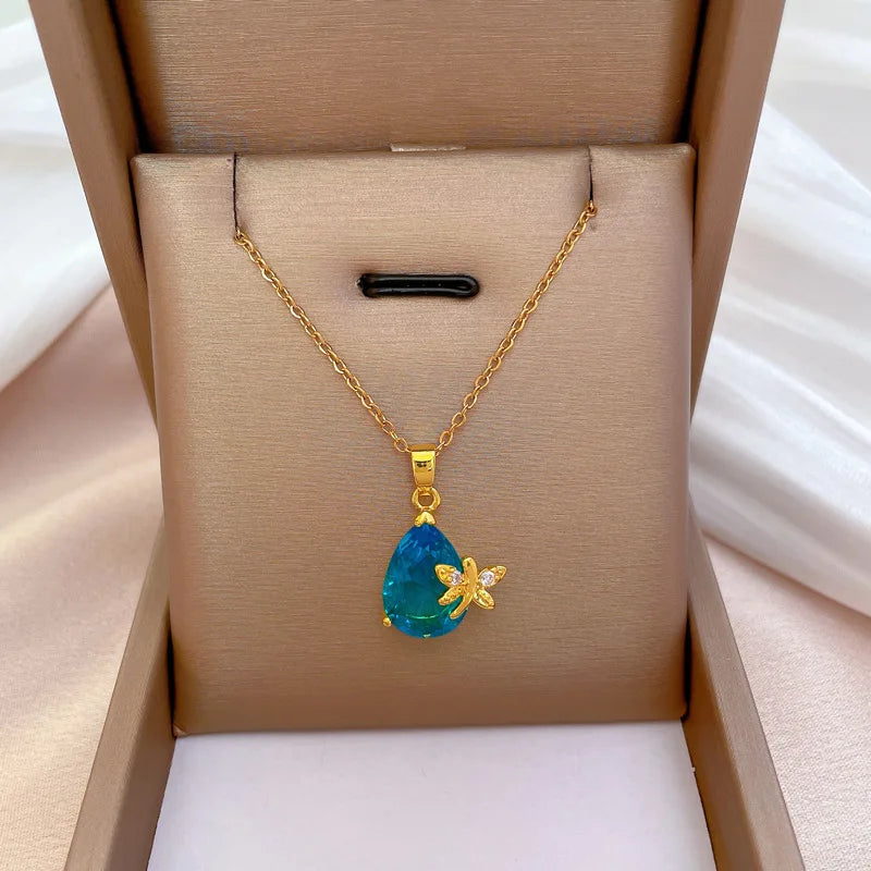 Luxury Minimalist Jewelry Blue Waterdrop Crystal Pendant Necklace Dainty Stainless Steel Gold Plated Rhinestone Crystal Necklace