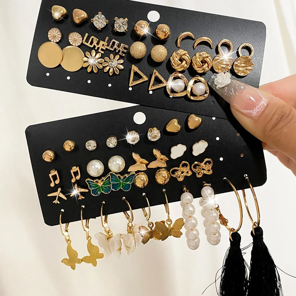 Fashion Pearl Geometric Rhinestone Butterfly Mixed Designs Tassel Stud Earrings Set for Women Jewelry