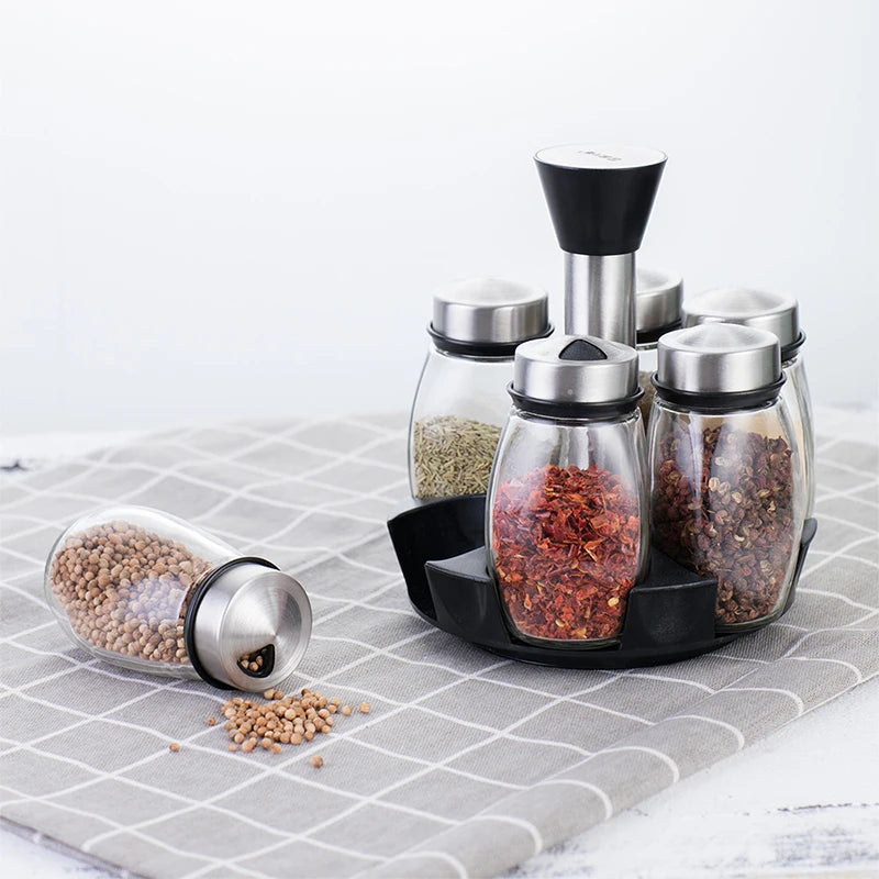 Glass Condiment Seasoning Jars Set for Spices Pepper Sprays Bottles Salt Shakers with Rotatable Cruet and Bottle Lid