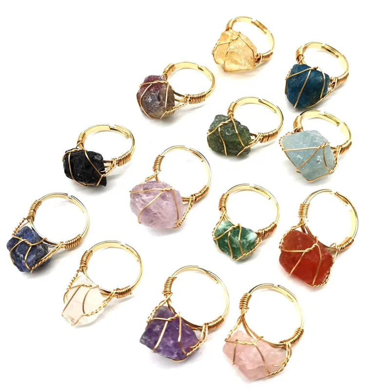 Adjustable Handmade Green Stone Ring Agate Amethyst Natural Stone Rings