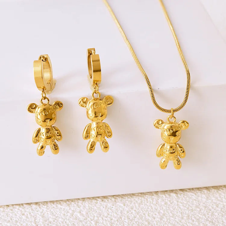 New Women Fashion Colorful 18k Gold PVD Plated CUTE BEAR Pendant Necklace Earrings Stainless Steel Jewelry Set