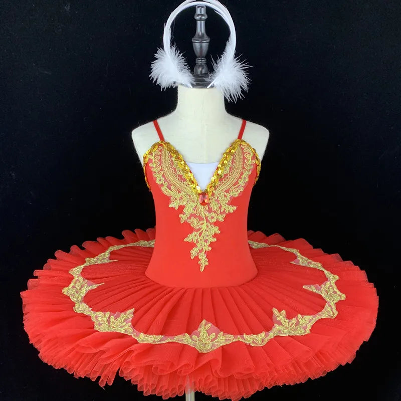 Red Girls Cygnet Lake Sequin Costumes Suspender Tutu Skirt Children's Ballet Tutu
