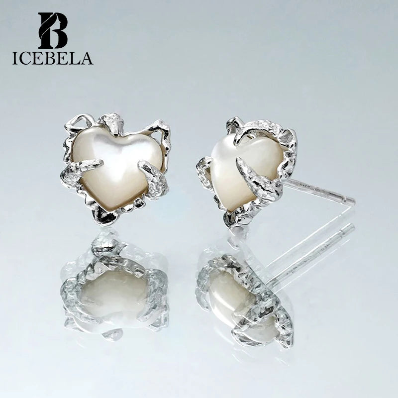 Fine Jewelry Designer 925 Sterling Silver Earrings Korean Sweet Cold Design Sense Heart Shape Shell Stone Stud Earring for Girls