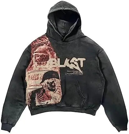 Customized Men's Retro Casual Hoodie 100% Cotton French Terry Heavyweight Faded Top Embroidered Skull Print Washed Snowflake