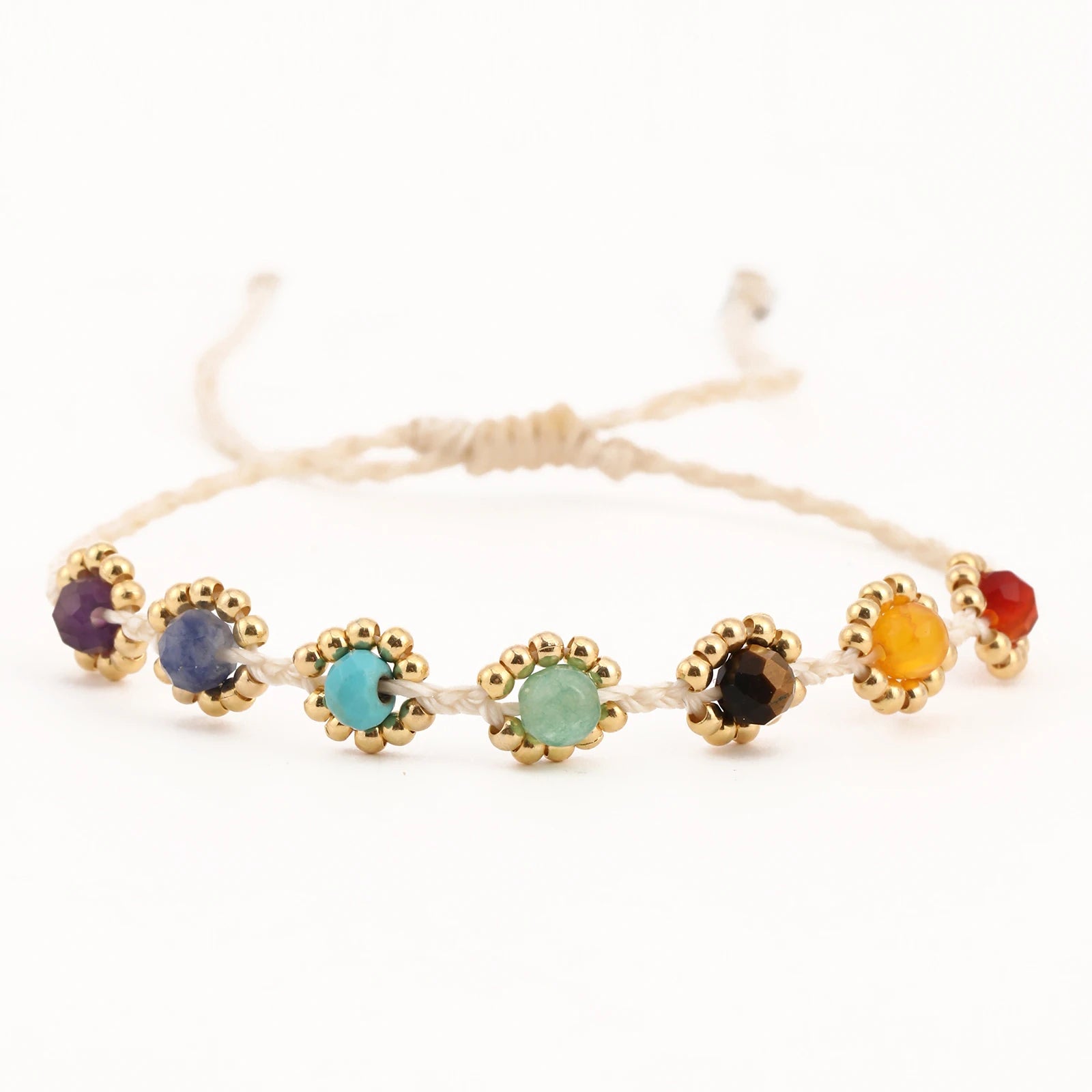 4mm Gemstones Yoga 7 Chakra Adjustable Bohemia Gift Bracelet Girl Handmade Daisy Flower Beaded Friendship Macrame Healing Charm