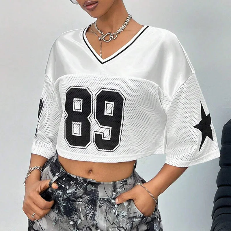 Custom Boxy Cropped T Shirt Y2k Streetwear Printed Crop Tops  V-Neck Mesh Jersey Shirt for Women