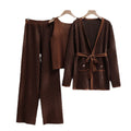 Wholesale 2026 Autumn Fashion Casual Loose Jacquard Long Sleeve Coat Tank Top Long Pants Knitted Three Piece Women's Set