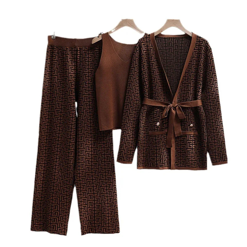 Wholesale 2026 Autumn Fashion Casual Loose Jacquard Long Sleeve Coat Tank Top Long Pants Knitted Three Piece Women's Set