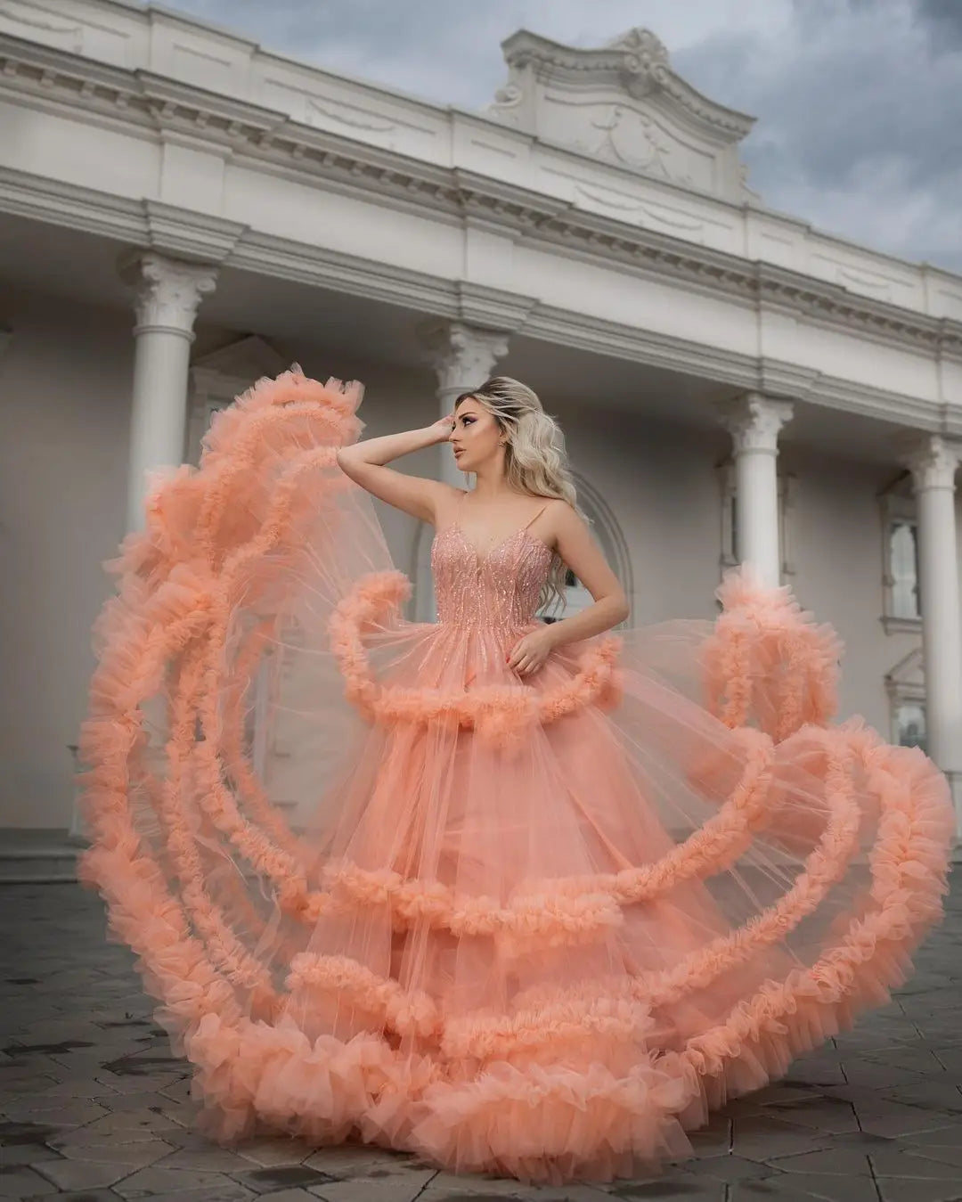 Peach Tulle Net Ruffle Cake Dress Fancy Mesh Net Lace Fabric