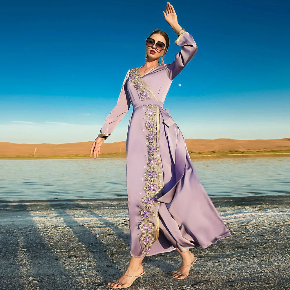 New Dubai Travel Misty Purple  Hand Sewn Drill Dress Abaya Muslim Wedding Dress 2022 Moroccan Kaftan Wholesale