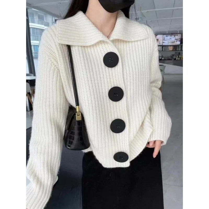 Women's Beige Solid Color Knit Long Sleeve Turn-Down Collar Cardigan Sweater Coat Casual Style Silk Button Size Regular for
