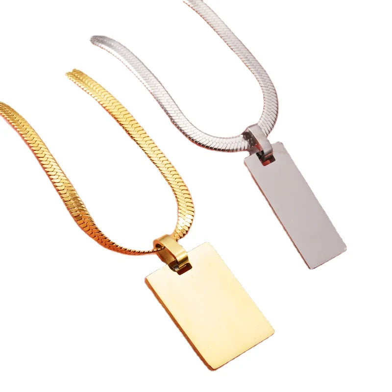 New Arrivals Glossy Gold Plated Square Pendant Snake Chain Necklace Stainless Steel Herringbone Chain Necklace for Women