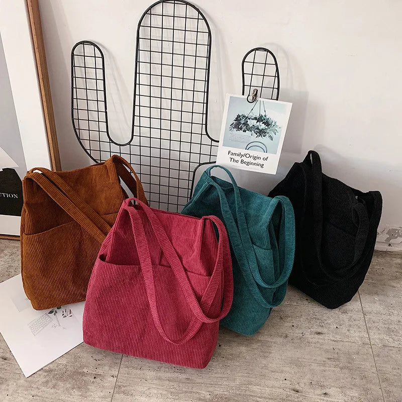 2022 New Design Custom Fashion Large Capacity Reusable Shoulder Corduroy Tote Bag With Handle
