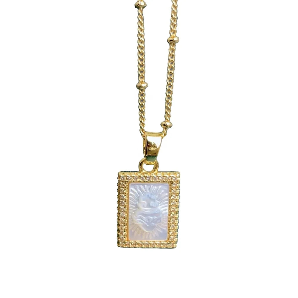Wholesale Custom Religions Sacred Heart Necklace Female Square Zircon Mother of Pearl Shell Pendant for Women Gifts Jewelry