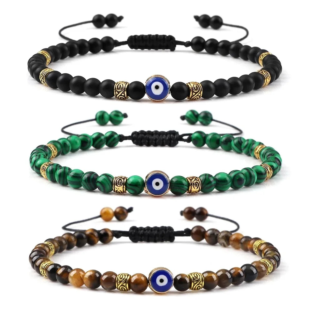 4mm Tiger Eye Stone Beaded Bracelet Evil Eye Handmade Adjustable Natural Stone Bracelet for Woman Men