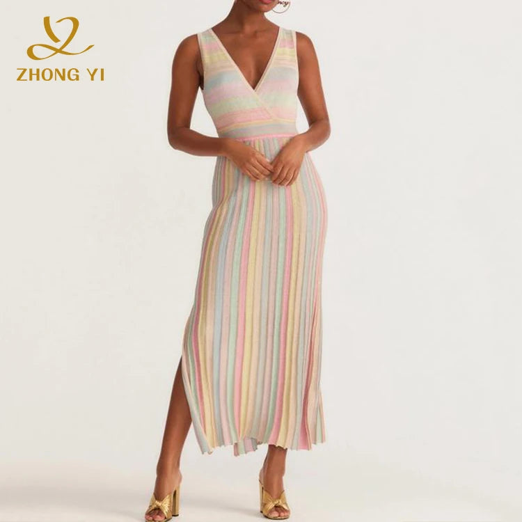 Wholesale Custom Fashion V Neck Sleeveless Women Summer Woven Open Back Rainbow Color Pleated Slit Ladies Long Casual Dress