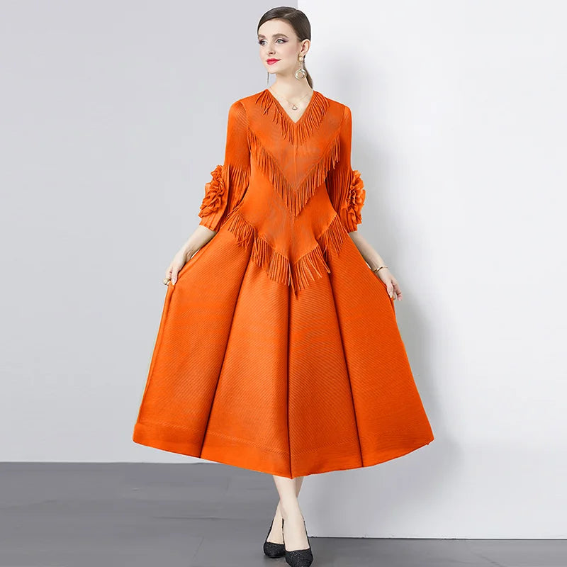 Boutique Wholesale 2024 Spring New Fashion V-neck Fringe Spliced Geometric Pleated Women Clothing Dress