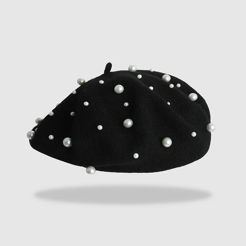 Women New Pearl Beaded Beret Autumn Winter Vintage Fashion Artist Hat Versatile Casual Daily Wear Elegant Warm Soft Top Cap