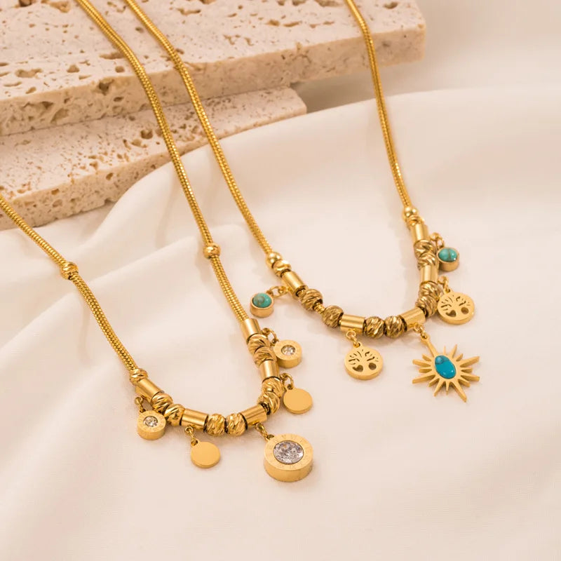 Hot Selling 18K Gold Plated Titanium Steel Necklace Europe Fashion Turquoise Pendant Necklace Jewelry for Gifts