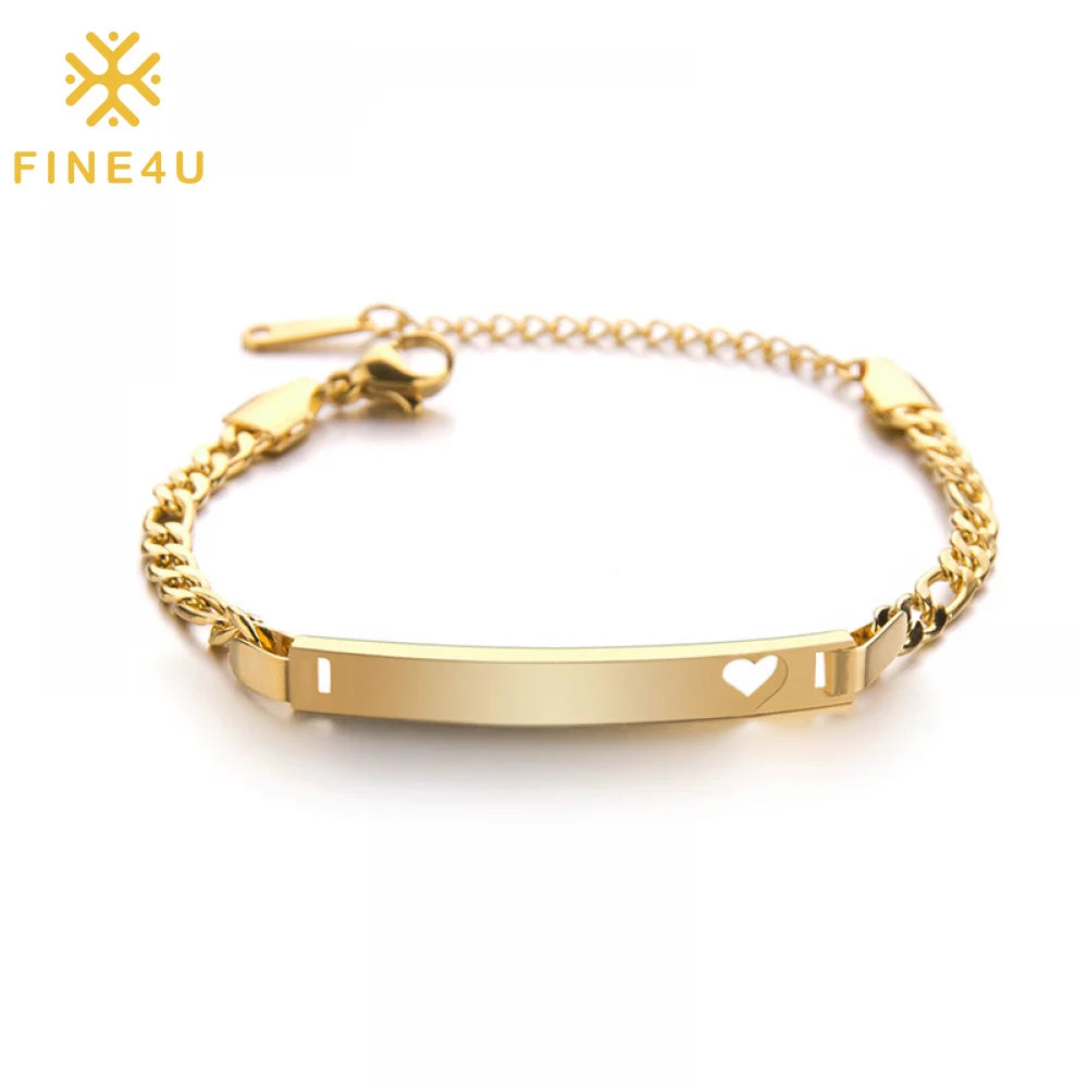 Personalized Name Logo Jewelry Heart Gold Plated Stainless Steel Bar Custom Blank Bracelet for Engraving