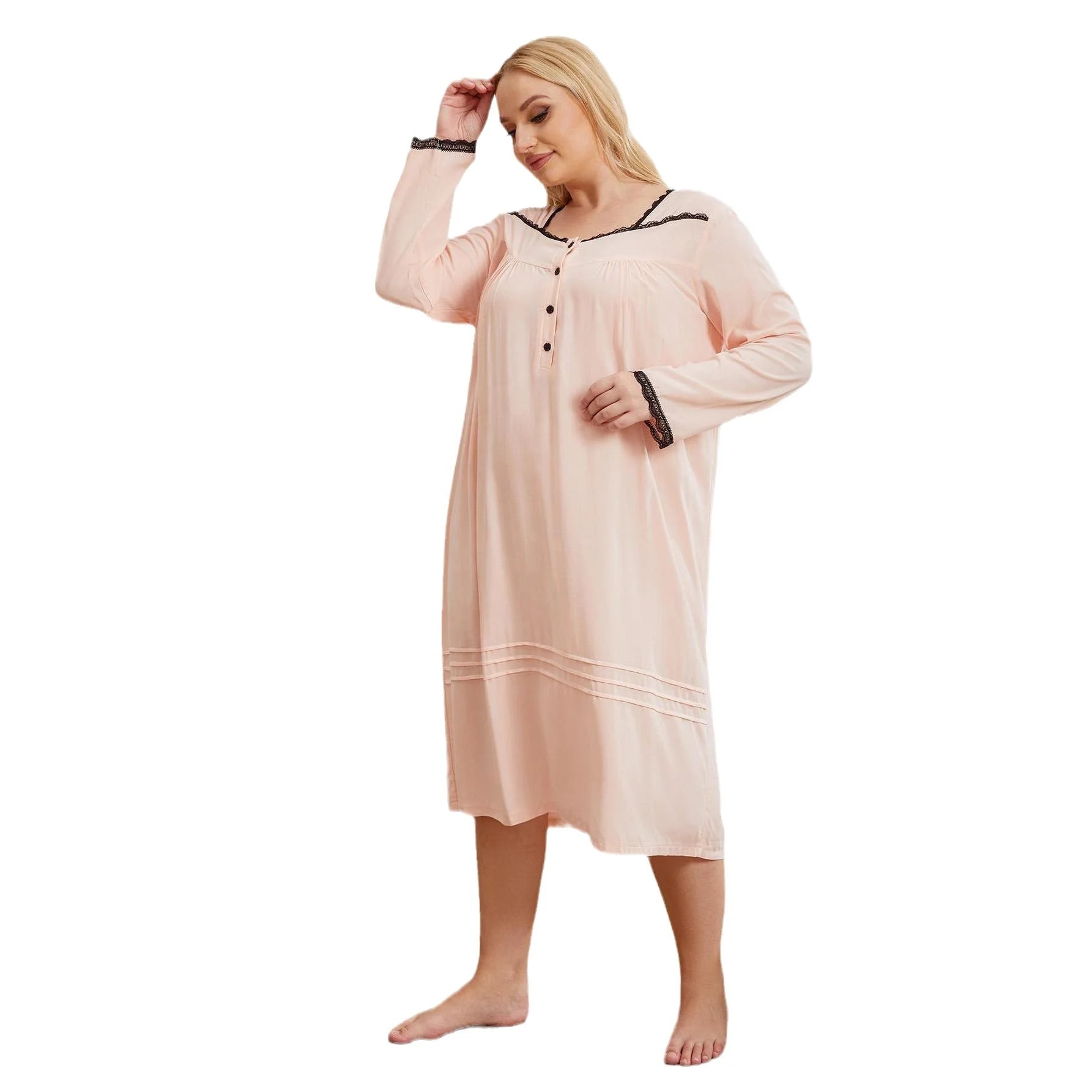 Fashion Casual Spring Solid Eco-Friendly Viscose Women's Pajamas Nightgowns Plus Size Long Sleeve Quick Dry Breathable Lace