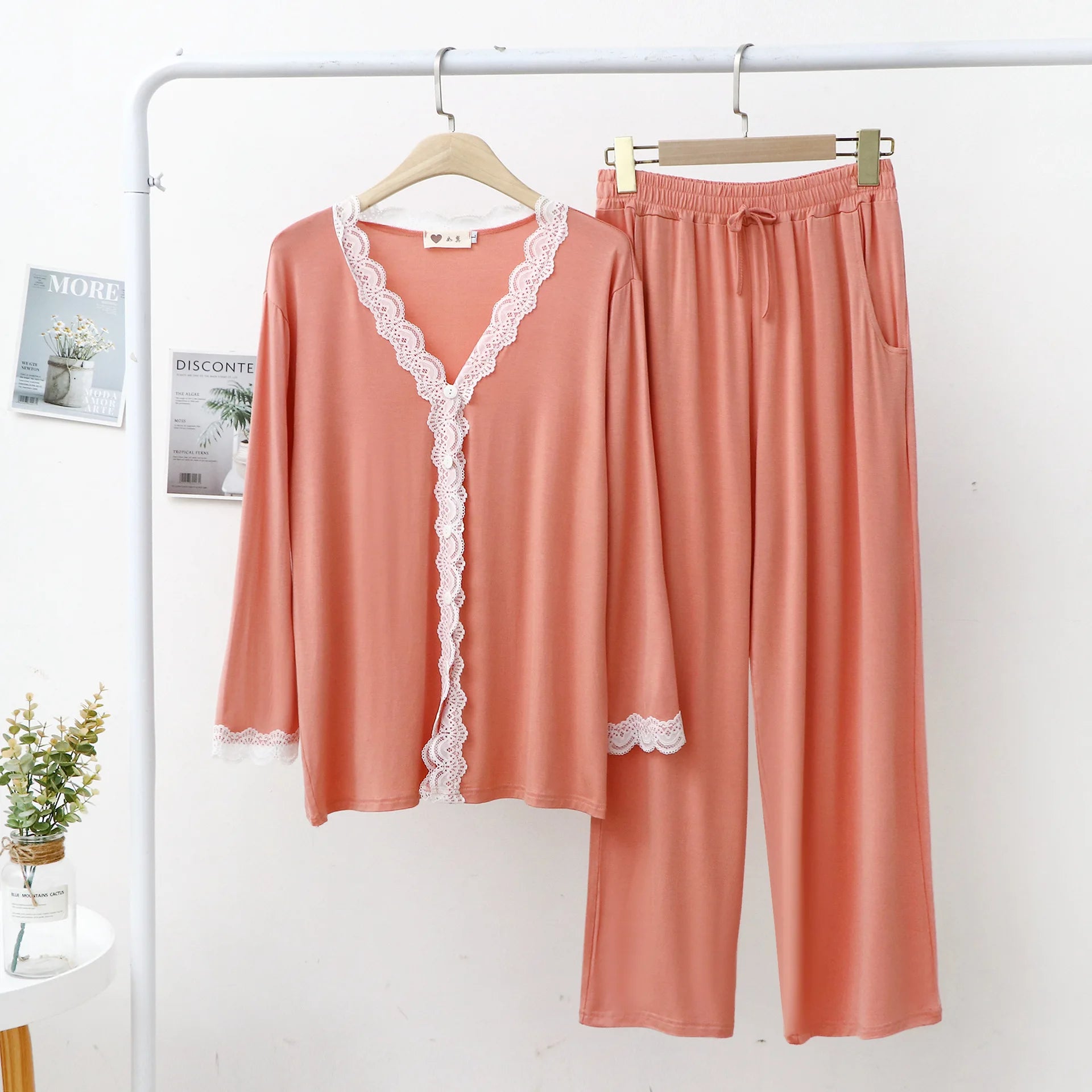 Lace Cardigan Modal Pajamas for Ladies' Home Wear V-neck Simple Soft and Comfortable Suit Sleepwear
