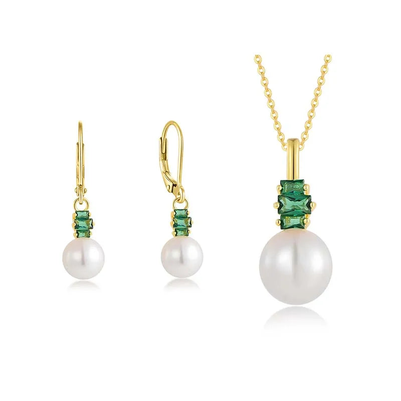 QX Custom OEM 18K Gold Plated Necklaces Earrings Luxury Women 925 Sterling Silver Green Cubic Zirconia Pearl Fine Jewelry Set