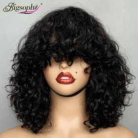 Hot Selling Brazilian Natural Hair Wig Super Double Drawn Luxury Curl Machine Made Short Fringe Wig Bob