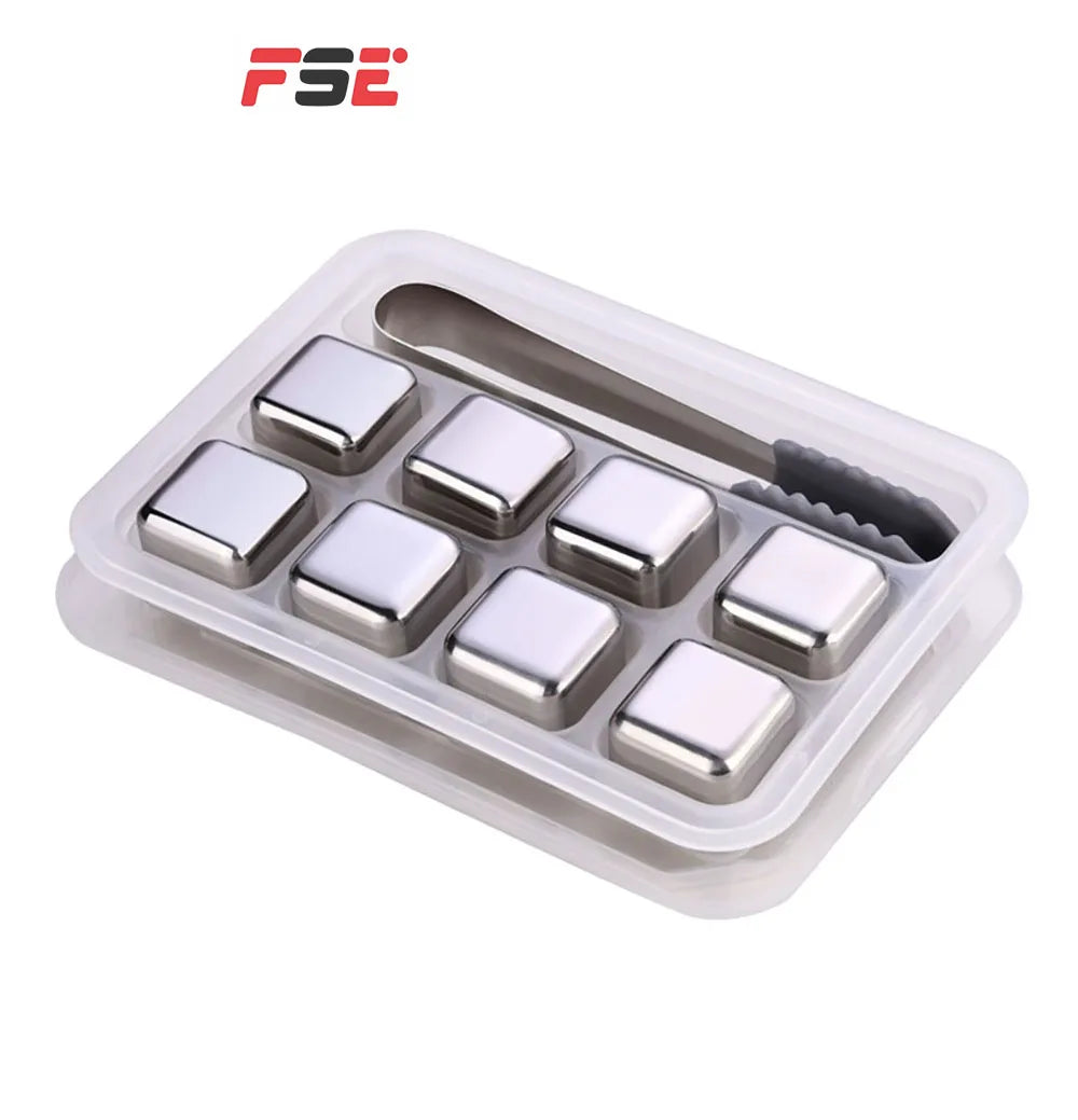 FSE Reusable Stainless Steel Ice Cube 8pcs Whiskey Stone New Product Whiskey Stainless Steel Ice Cubes With Tong