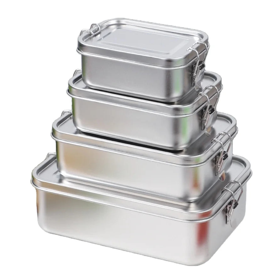 Reusable Rectangle Shape Single Tier Stainless Steel Children's Lunch Box Leakproof Multiple Sizes Bento Box Lock Clips